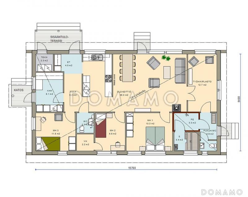 Проект одноэтажного каркасного дома с отдельным входом в небольшую сауну / План 1 этажа