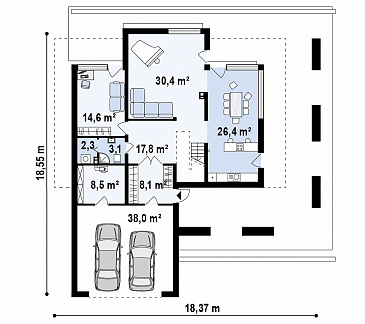 Проект современного двухэтажного дома из газобетона с плоской крышей с четырьмя спальнями, кабинетом, гаражом и большой площадью остекления / План 1 этажа