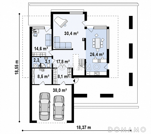 Проект современного двухэтажного дома из газобетона с плоской крышей с четырьмя спальнями, кабинетом, гаражом и большой площадью остекления / План 1 этажа