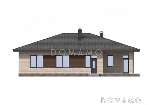 Проект одноэтажного дома с гаражом, террасой, детскими комнатами, просторной гостиной / Фасад 3