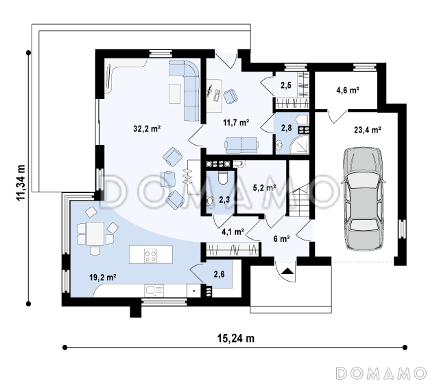 Проект просторного современного двухэтажного дома из кирпича, с пятью комнатами, гаражом и двумя лоджиями / План 1 этажа