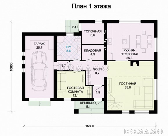 Проект дома из пеноблоков с двухскатной крышей / План 1 этажа