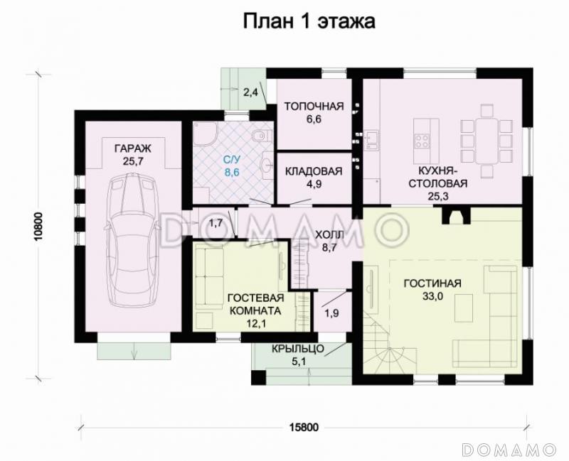Проект дома из пеноблоков с двухскатной крышей / План 1 этажа