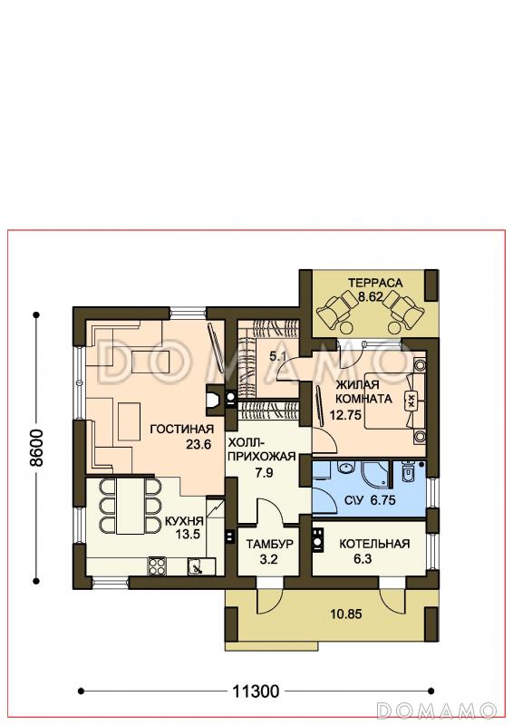 Проект небольшого одноэтажного дома из СИП панелей с гардеробной и приватной террасой / План 1 этажа