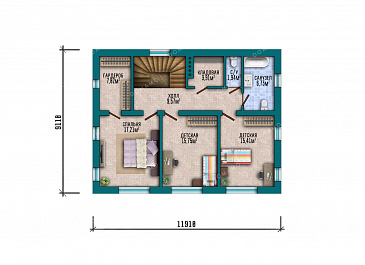 Проект двухэтажного дома с 4 спальнями, совмещенной кухней-гостиной и 4 санузлами / План 2 этажа