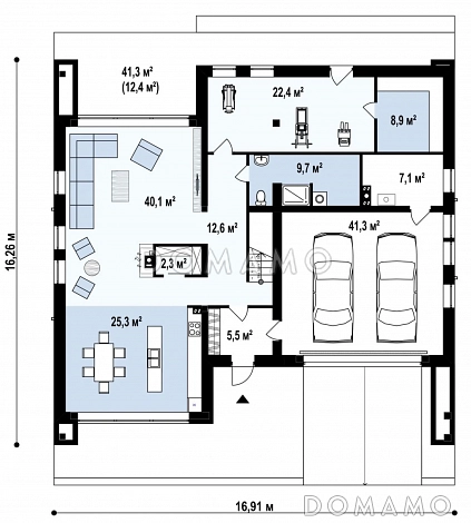 Проект современного двухэтажного дома из кирпича с тремя спальнями, спортзалом, сауной и гаражом для двух автомобилей / План 1 этажа