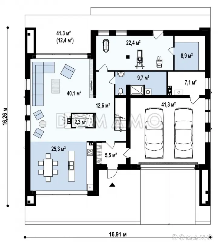Проект современного двухэтажного дома из кирпича с тремя спальнями, спортзалом, сауной и гаражом для двух автомобилей / План 1 этажа