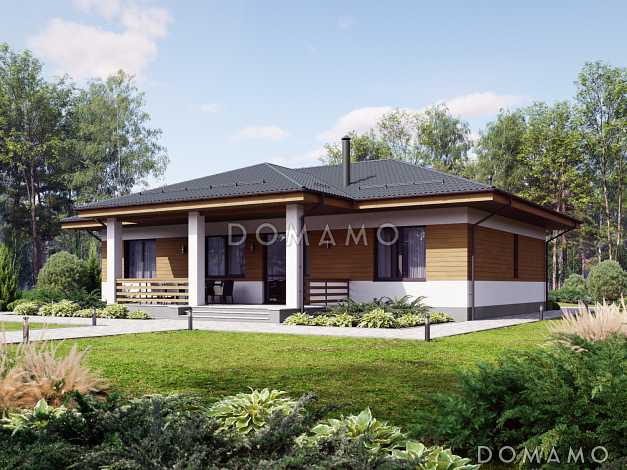 Проект одноэтажного дома из керамоблока с 4 комнатами, 3 санузлами и крытой террасой