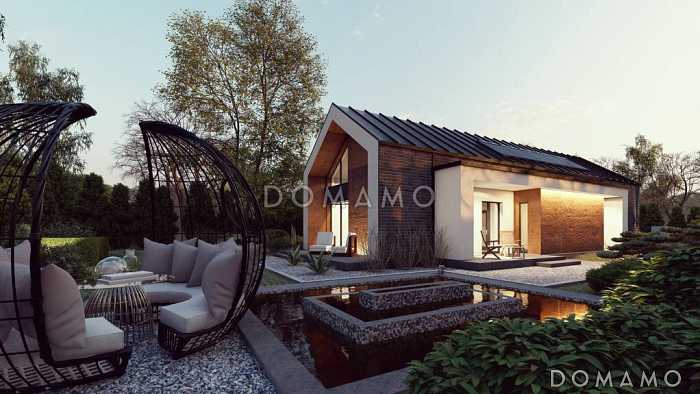 Проект эргономичного загородного дома с террасами, двумя санузлами, объединенной кухней и гостиной