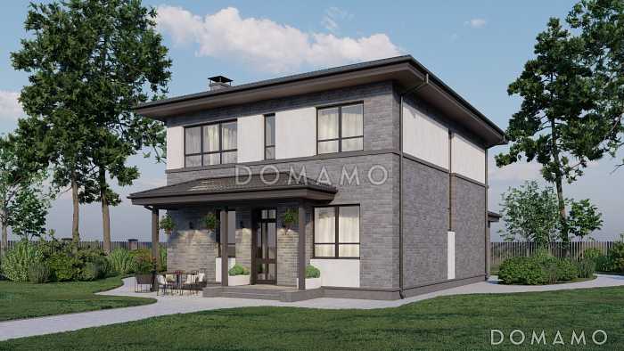 Проект двухэтажного каркасного дома с крытой террасой и четырьмя спальнями на втором этаже