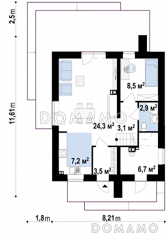 Проект компактного двухэтажного дома из газобетона современного дизайна / План 1 этажа