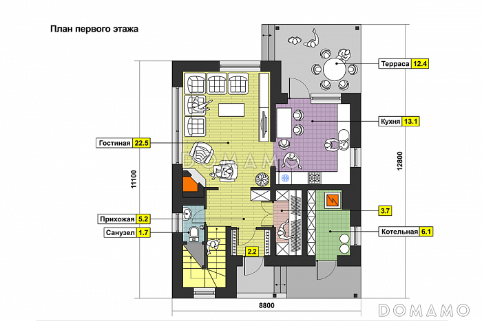 Проект дома с открытой террасой, камином в гостиной, санузлом с окном, вторым светом / План 1 этажа