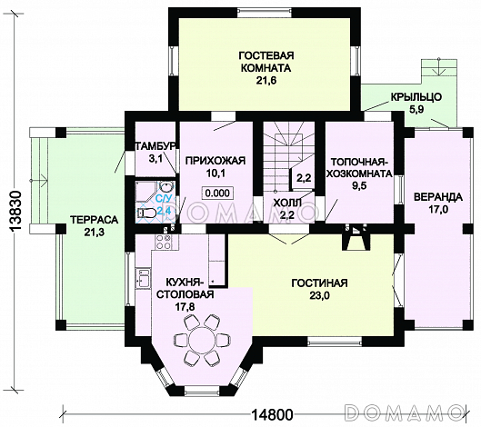 Проект дома из газобетона с просторной верандой / План 1 этажа