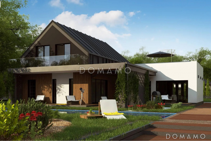 Проект дома с большой террасой на мансардном этаже и гаражом