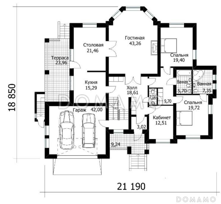 Проект вместительного дома с мансардой, сауной и небольшим бассейном / План 1 этажа