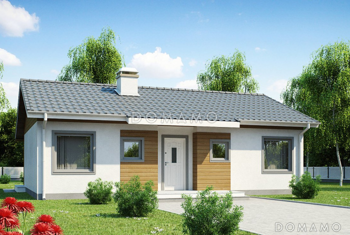 Проект компактного одноэтажного дома из газобетона с тремя спальнями и небольшой крытой террасой