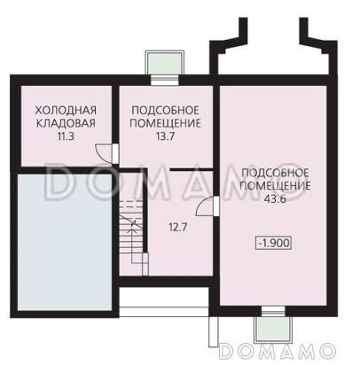Проект дома из пеноблоков с цокольным этажом, гаражом, тремя спальнями и гостевой  комнатой на первом этаже / План цокольного этажа