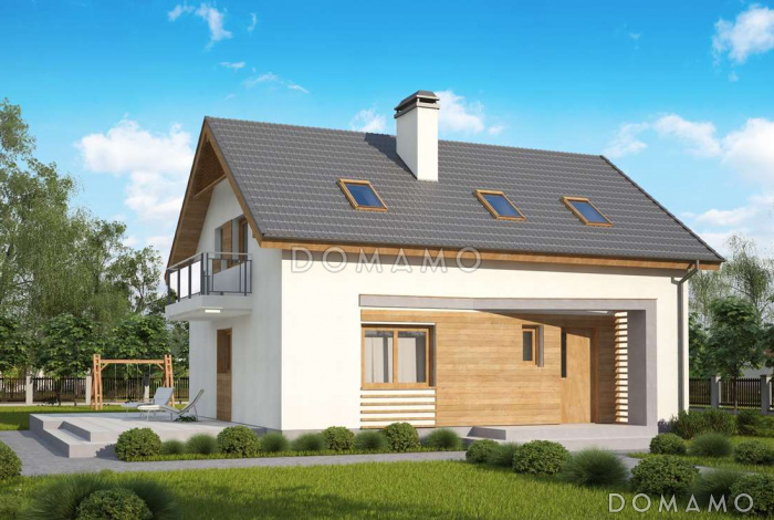 Проект одноэтажного дома из кирпича с оригинальной открытой террасой по периметру и с жилой мансардой