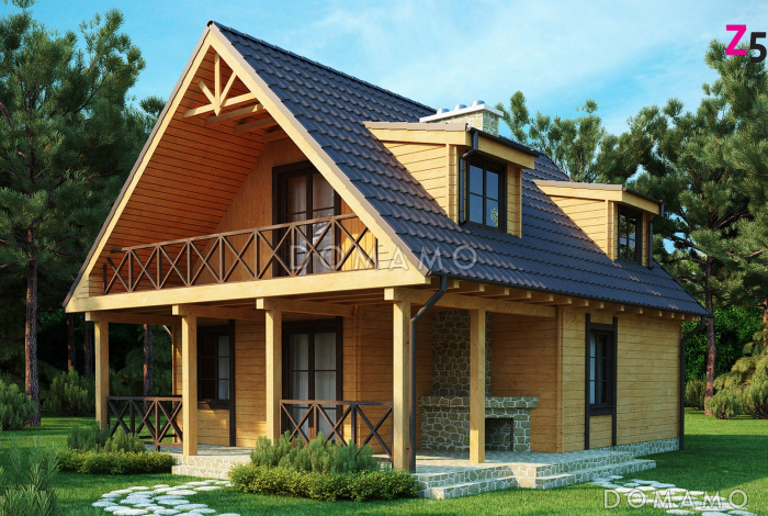 Проект компактного одноэтажного мансардного дома из кирпича с барбекю на крытой террасе