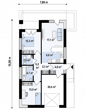 Проект одноэтажного дома небольшой площади с гаражом, двумя спальнями с большими окнами / План 1 этажа