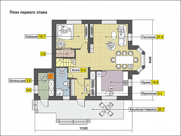 Элегантный дом с мансардным этажом, эркером, красивым крыльцом-террасой из SIP панелей / План 1 этажа
