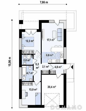 Проект одноэтажного дома небольшой площади с гаражом, двумя спальнями с большими окнами / План 1 этажа