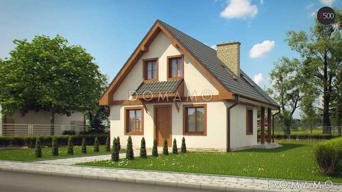 Проект компактного одноэтажного мансардного дома из кирпича с двумя спальнями, кабинетом и двумя крытыми террасами