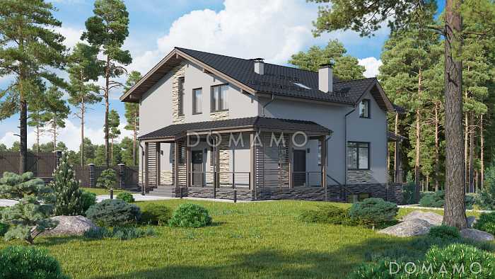 Проект загородного дома в стиле шале с верандой, балконом, сауной, бильярдной