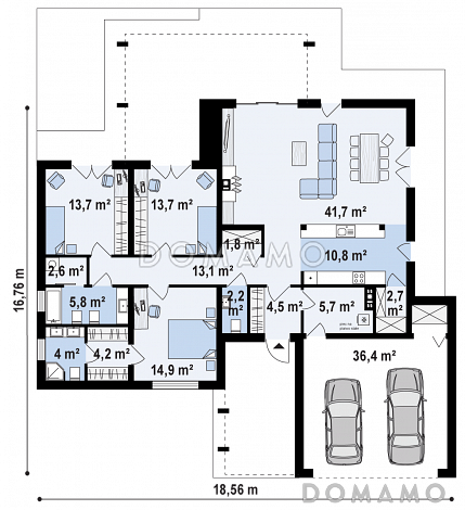 Проект просторного современного одноэтажного дома из газобетона с плоской крышей с тремя спальнями, крытой террасой и гаражом / План 1 этажа