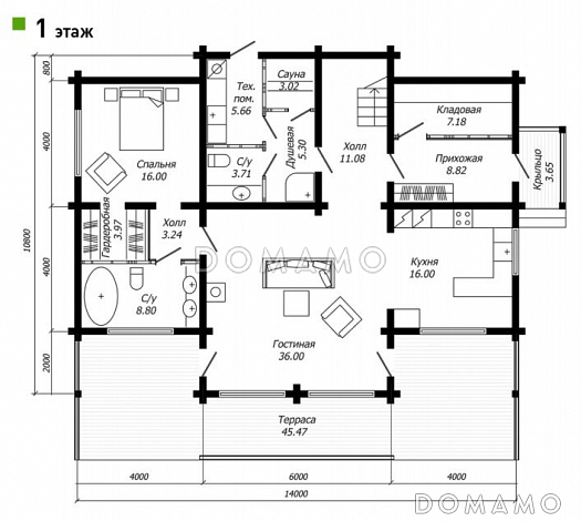 Проект дома из клееного бруса для большой семьи / План 1 этажа