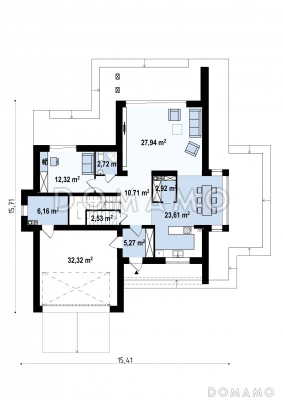 Проект красивого двухэтажного коттеджа из кирпича с террасами на втором уровне / План 1 этажа