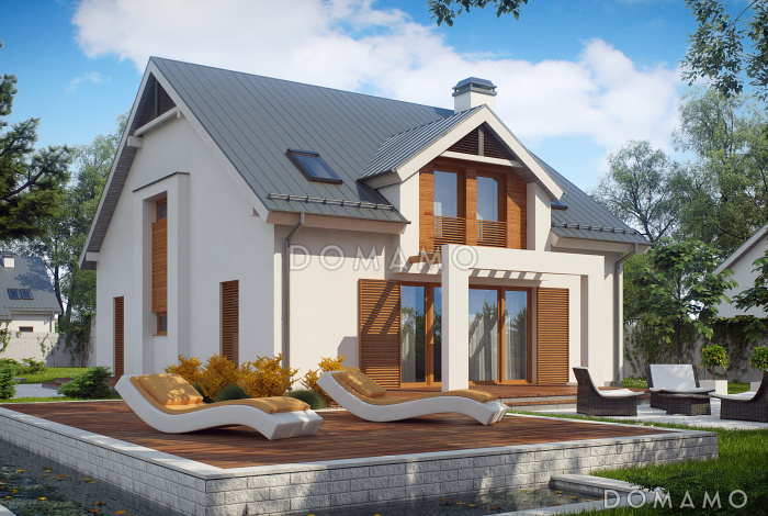 Проект одноэтажного мансардного дома из кирпича с кабинетом, гаражом и большой гостиной