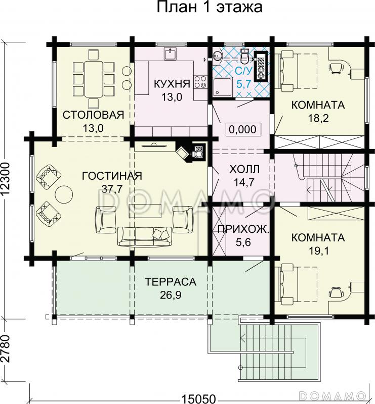 Проект дома с сауной на цокольном этаже / План 1 этажа