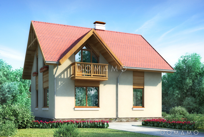 Проект дома из пеноблоков с просторной гостиной и двумя балконами