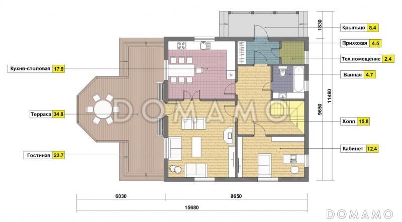 Проект дома из газобетона с большой открытой террасой / План 1 этажа