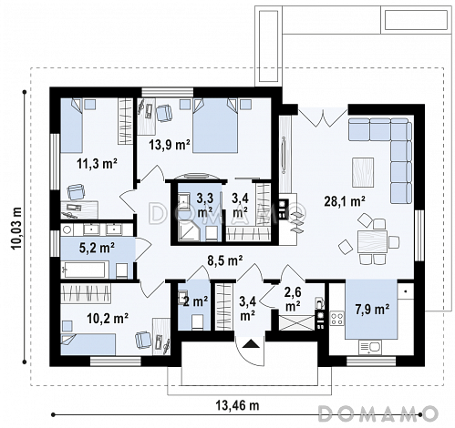 Проект небольшого уютного одноэтажного дома из газобетона с тремя спальнями / План 1 этажа
