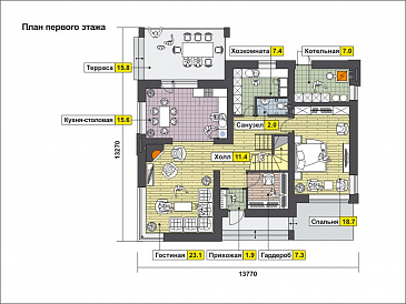 Проект загородного дома с панорамным окном в гостиной и спальне на мансардном этаже, крытой террасой с выходом из кухни-столовой, спальней на первом этаже / План 1 этажа
