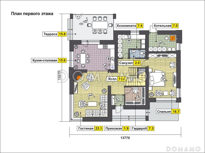 Проект загородного дома с панорамным окном в гостиной и спальне на мансардном этаже, крытой террасой с выходом из кухни-столовой, спальней на первом этаже / План 1 этажа