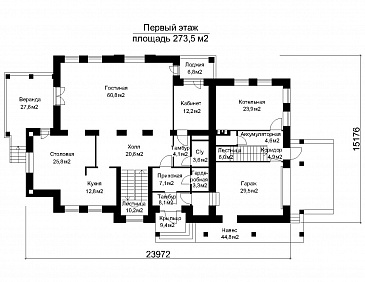 Проект двухэтажного дома с колоннами / План 1 этажа
