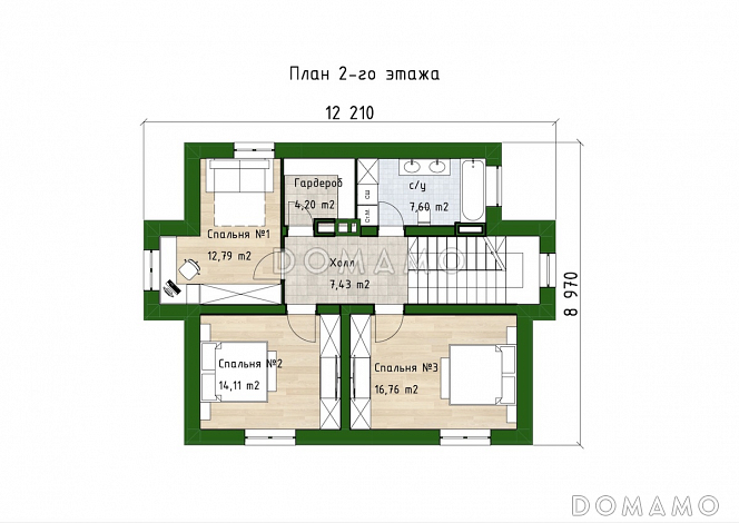 Проект двухэтажного дома с 3 спальнями, гостевой комнатой и просторной гостиной / План 2 этажа