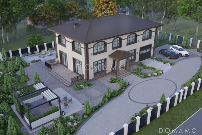 Проект двухэтажного дома из газобетона с 5 спальнями, сауной и гаражом на 1 машину