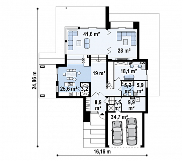 Проект большого современного двухэтажного дома из газобетона с четырьмя спальнями, кабинетом и гаражом для участка с рельефом / План 1 этажа