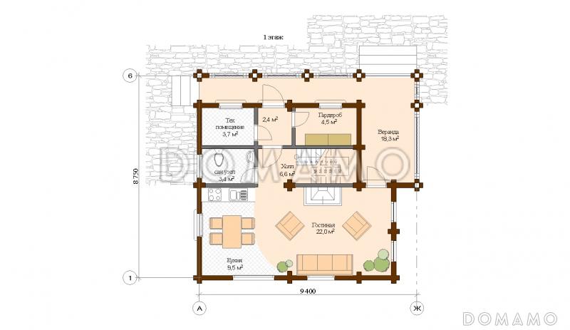 Проект дома из клееного бруса с многощипцовой крышей / План 1 этажа