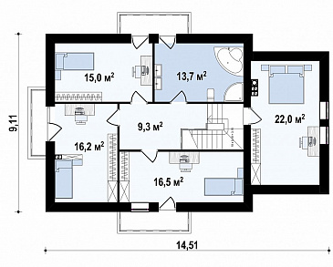 Проект одноэтажного коттеджа из газобетона с мансардным этажом, пятью спальнями и гаражом / План мансардного этажа