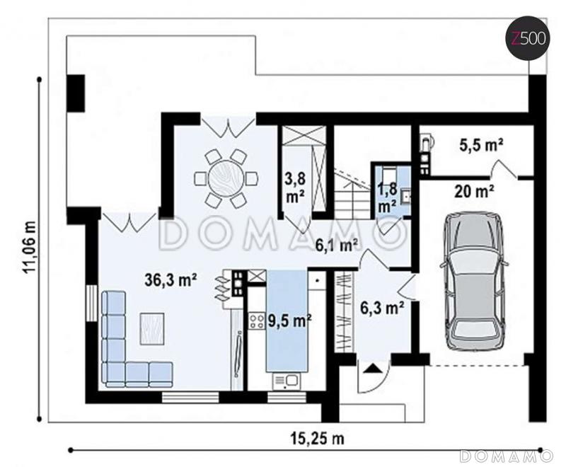 Проект одноэтажного мансардного дома из кирпича в современном стиле, с гаражом и террасой над ним / План 1 этажа