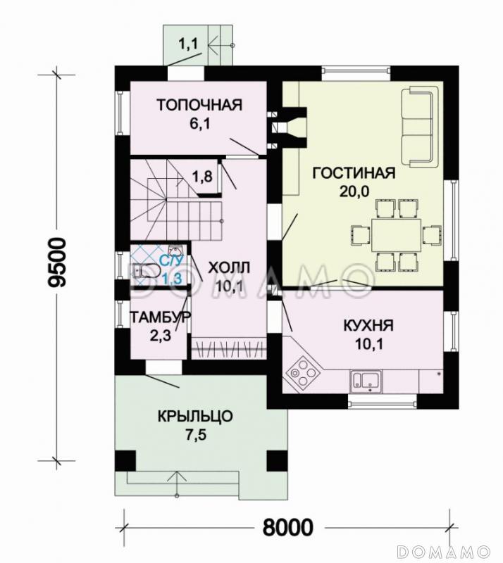 Проект дома из газобетона с многощипцовой крышей / План 1 этажа