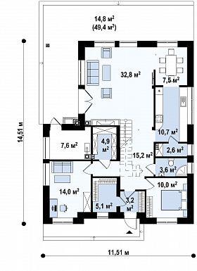 Проект дома с террасой, кабинетом, кладовой, вторым светом, мастер-спальней / План 1 этажа