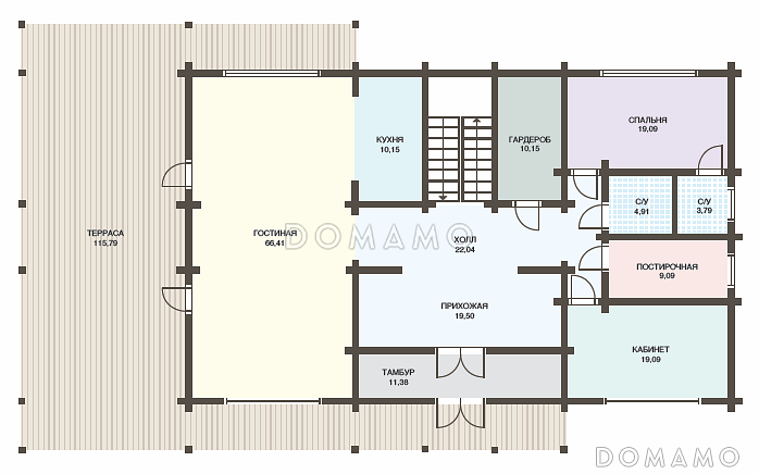 Проект дома из клееного бруса с мансардным этажом, огромной террасой и кабинетом на первом этаже / План 1 этажа