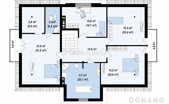 Проект комфортного одноэтажного мансардного дома из кирпича для двух семей в стиле русской усадьбы / План мансардного этажа