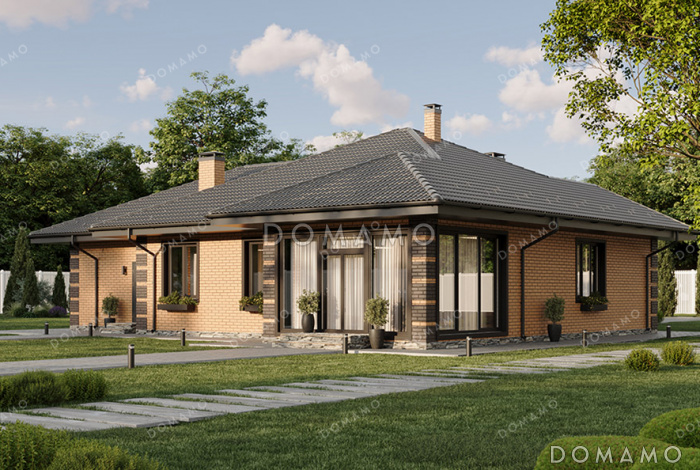 Проект одноэтажного дома с гаражом и крытой верандой в классическом стиле